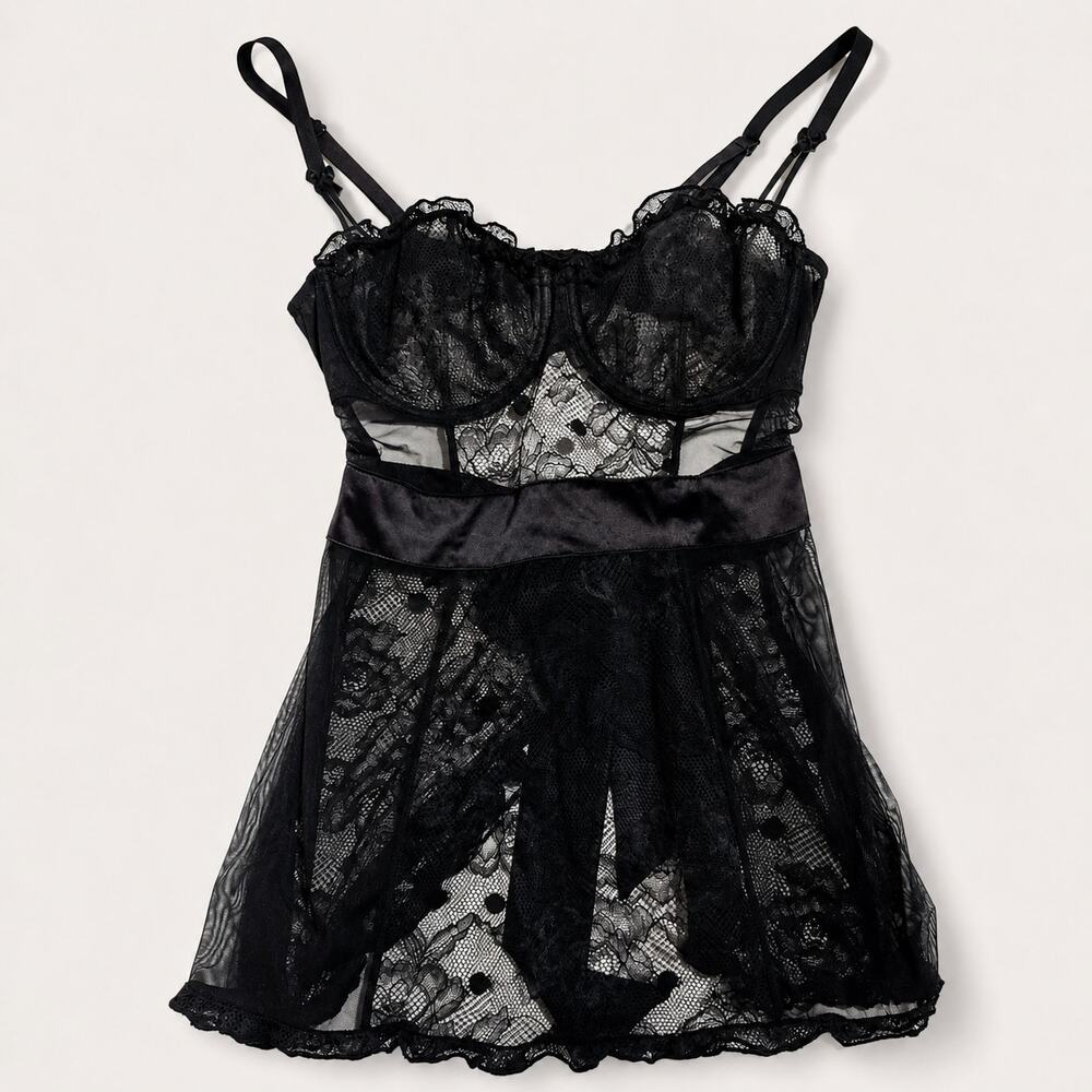 Adore Me Lace Mesh Underwire Babydoll Chemise Black L Whimsigoth‎